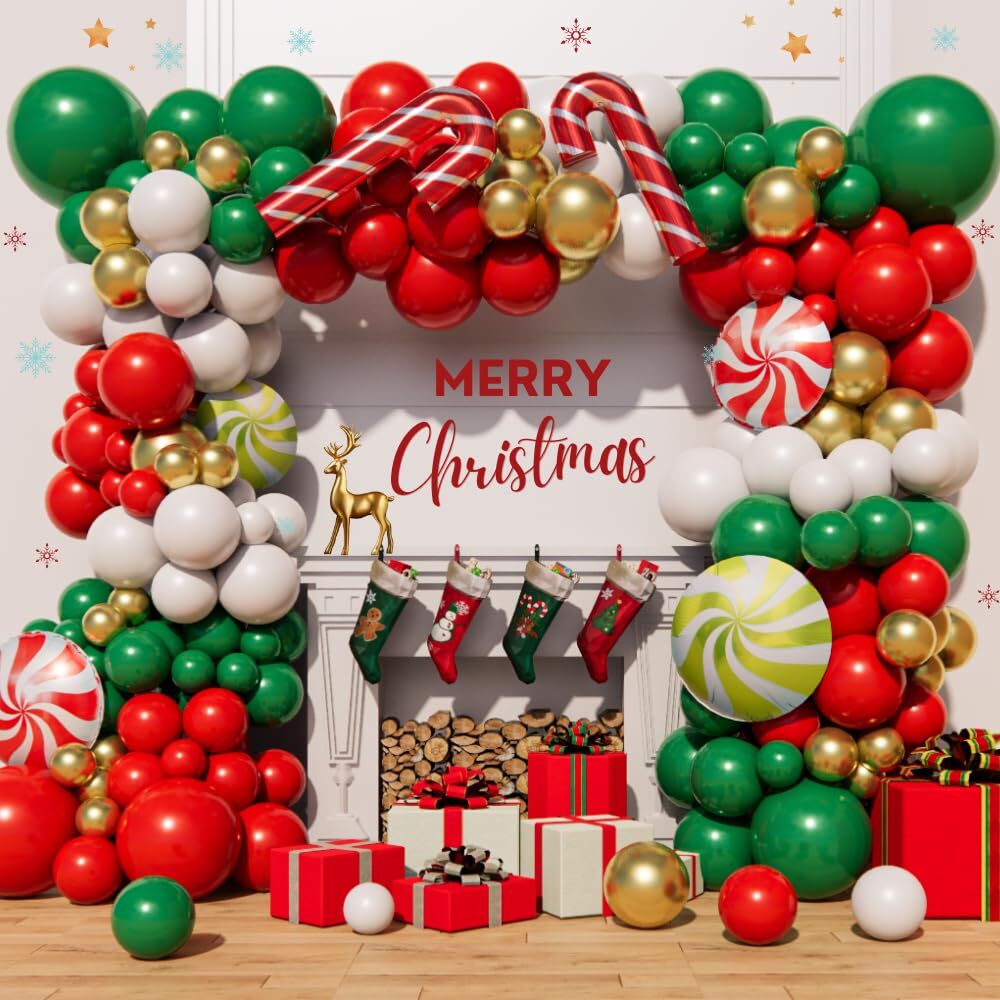 Beaumode Christmas Balloon Arch Garland Kit 160pcs Red Green Gold Balloons Wi...