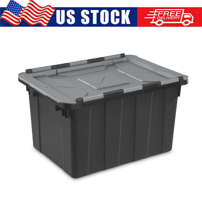 12 Gallon Heavy-Duty Hinged Lid Industrial Tote Organizer Bin