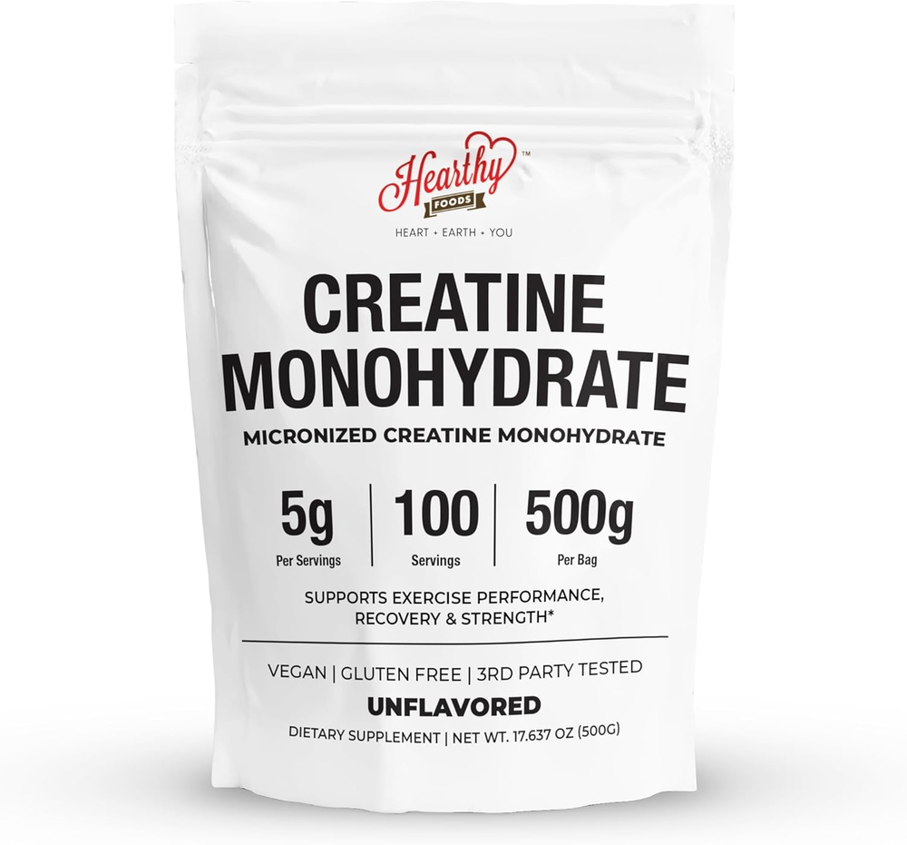 HEARTHY FOODS Creatine Monohydrate Powder 500g, Unflavored, 100 Servings