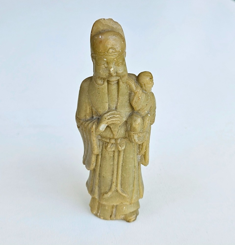 Antique Vintage Chinese Hand Carved Soapstone Figurine Shou Lao SIGNED