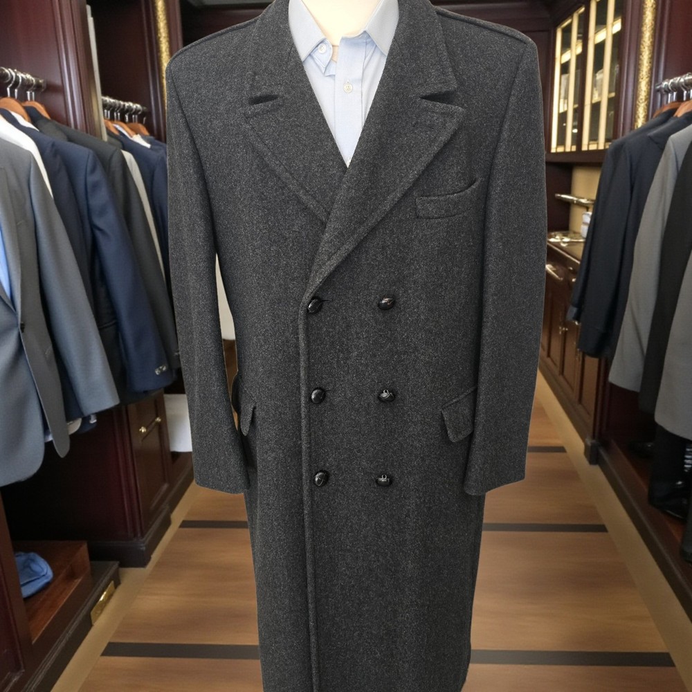 Vintage Double Breasted Wool Overcoat 44r Peak Lapel Epaulets Charcoal 1970s
