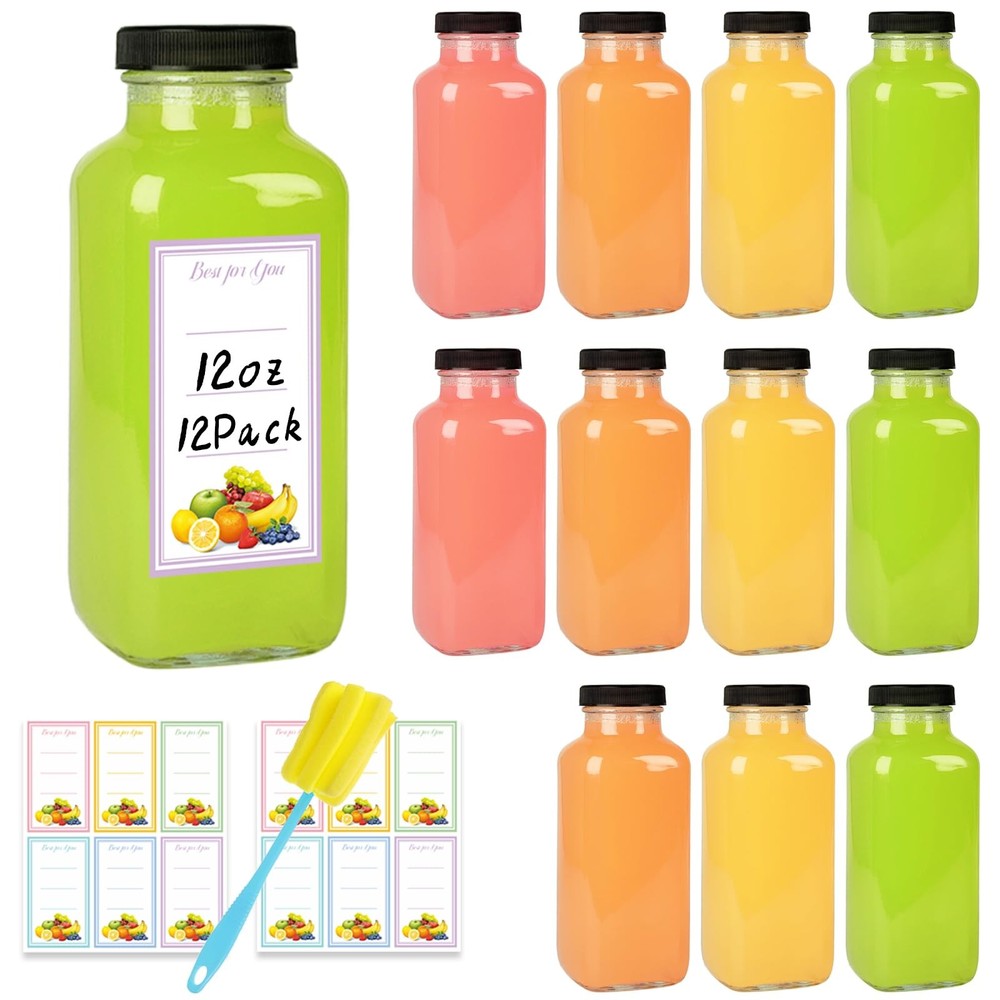 12 Pack 12oz Glass Drink Bottles with Lids, 360ml Vintage Glass Water Bottles...