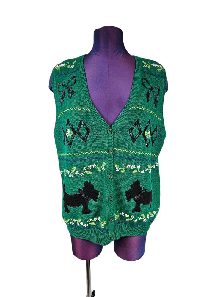 Vintage Alfred Dunner Green Scottie Dog Button Front Sweater Vest Size Large R8
