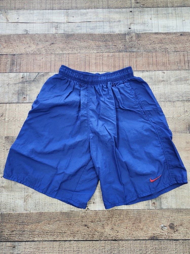 Vtg 90s Nike Blue Swim Trunks Pockets Sz Small EXCELLENT Shape EMBROIDERED Check