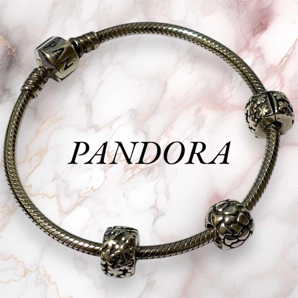 Pandora Bracelet Snake Chain 3 Charms Flower Heart Clip Silver No Box