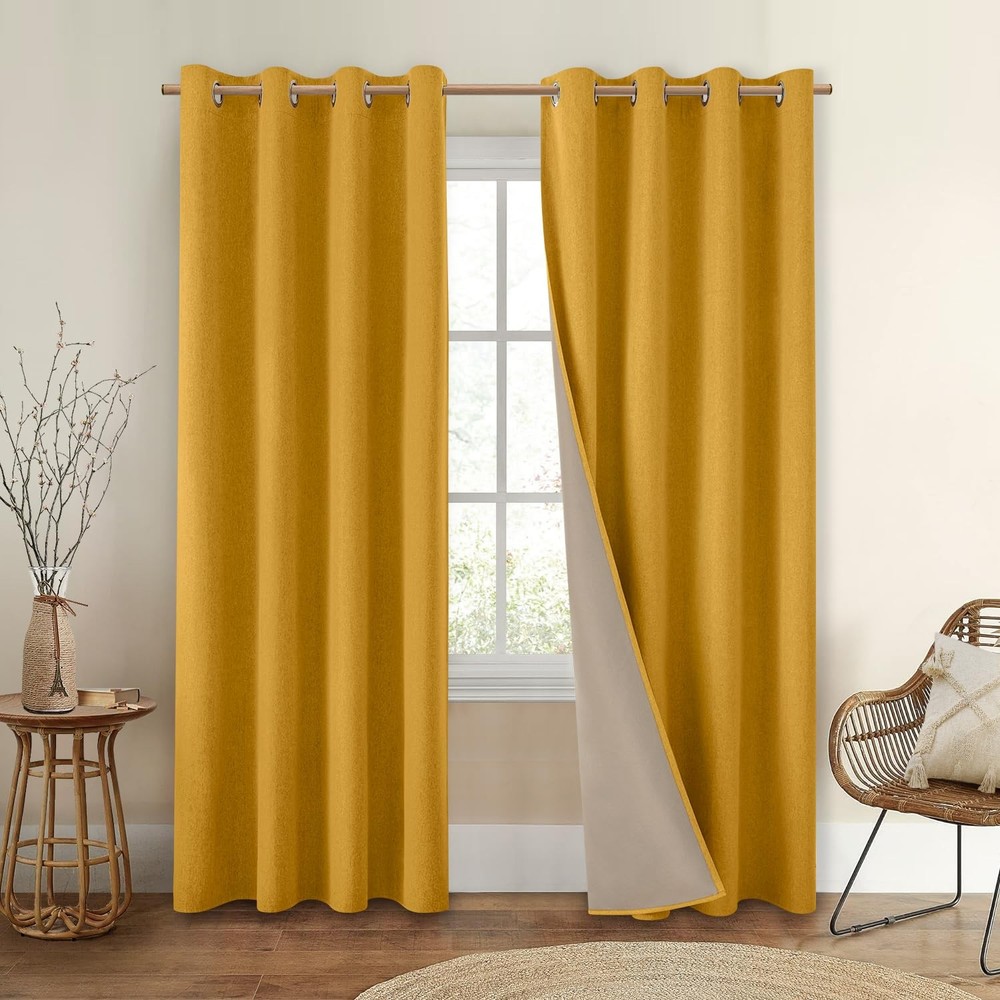 HOMEIDEAS 100% Blackout Curtains 2 Panels Faux Linen Curtains Mustard Yellow