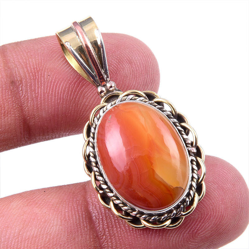 Natural Carnelian Gemstone 925 Sterling Silver Two-Tone Pendant 1.5 Inch