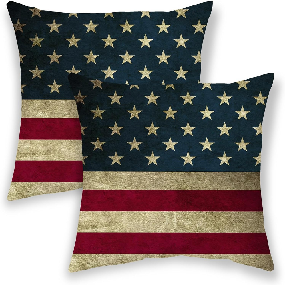 4Th of July American Flag Pillow Covers 16x16 Inch 2 Pcs Vintage Patriotic Decor