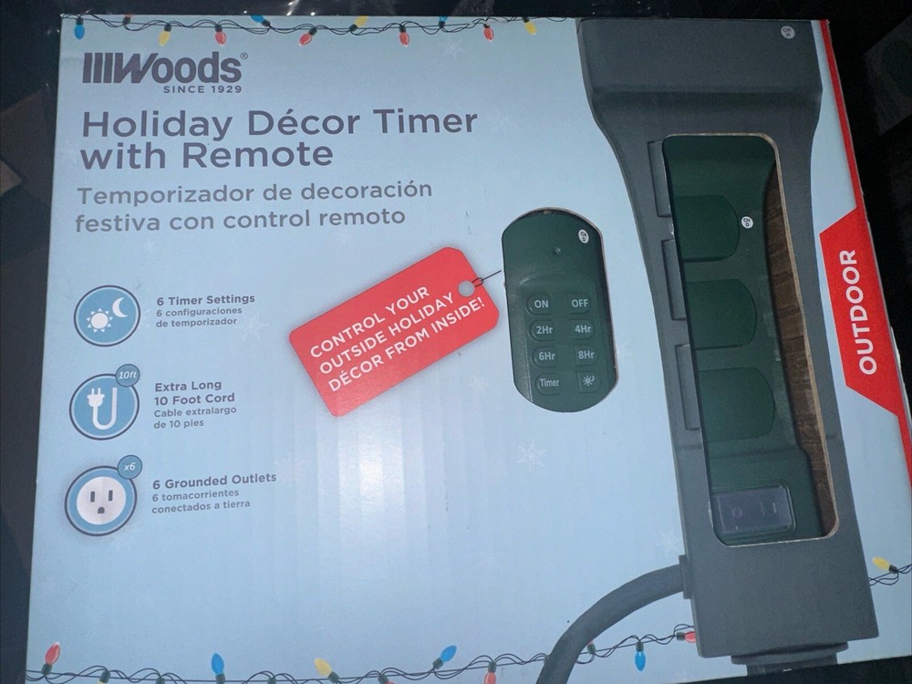Woods 59850 Holiday Decor Timer Yard Stake & Remote, 10ft, 6 Grounded Outlets