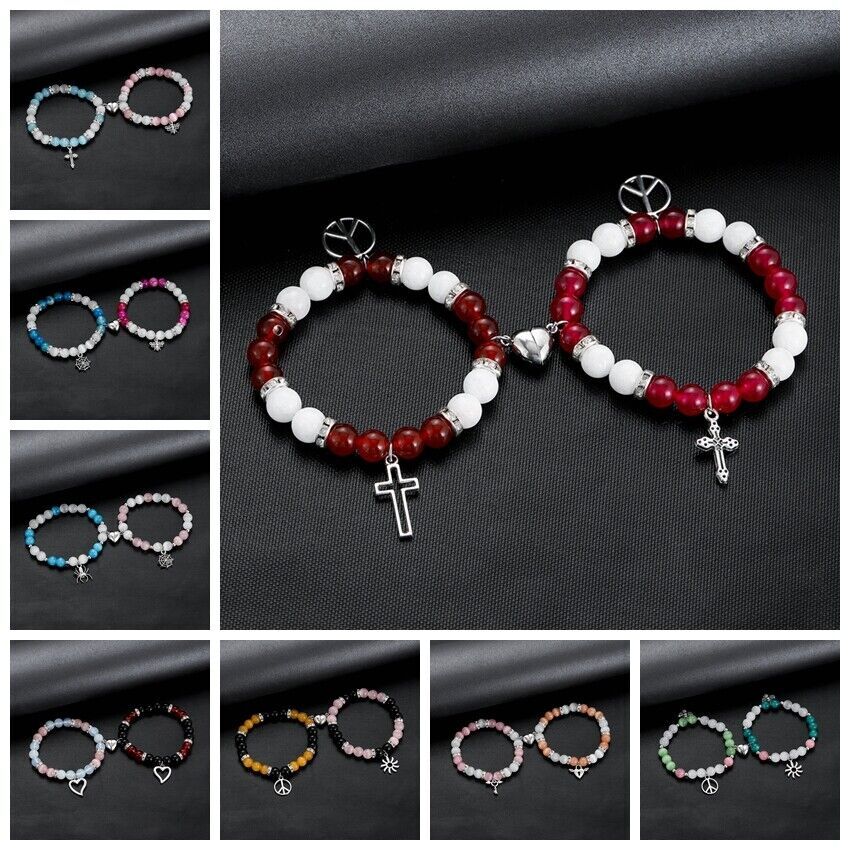2x Spider Bracelets Couple Friendship Bracelet Energy Stone Cross Heart Bracelet