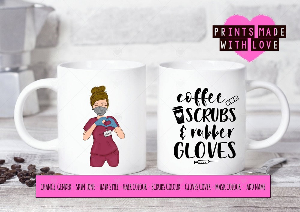 Personalised Nurse Gift Male Nurse Female Coffee Scrubs And Rubber Gloves Nurse