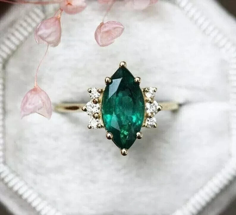2.50Ct Marquise Emerald Lab-Created Ring in 14K Yellow Gold