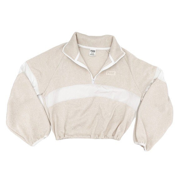 PINK Victoria's Secret Sweater Knit Cropped Half-Zip Sweatshirt Tan White Small