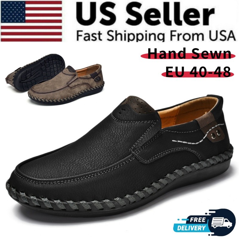 Mens Slip-On Casual Leather Shoes Handmade Round Toe Loafers for Working Driving