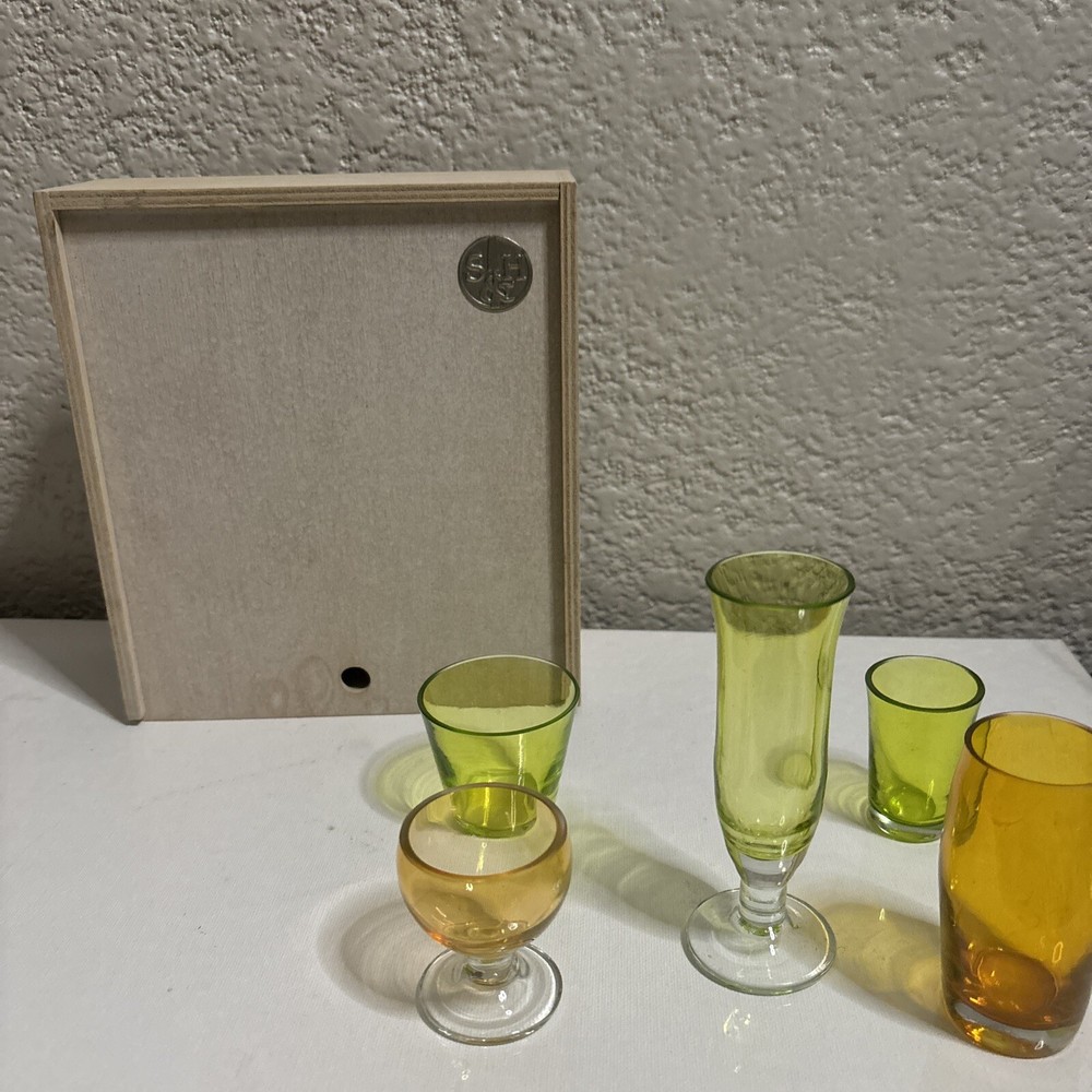 S&H Lot of 5 European Hand-Blown Multi-Color Crystal Liquor Glasses NIB