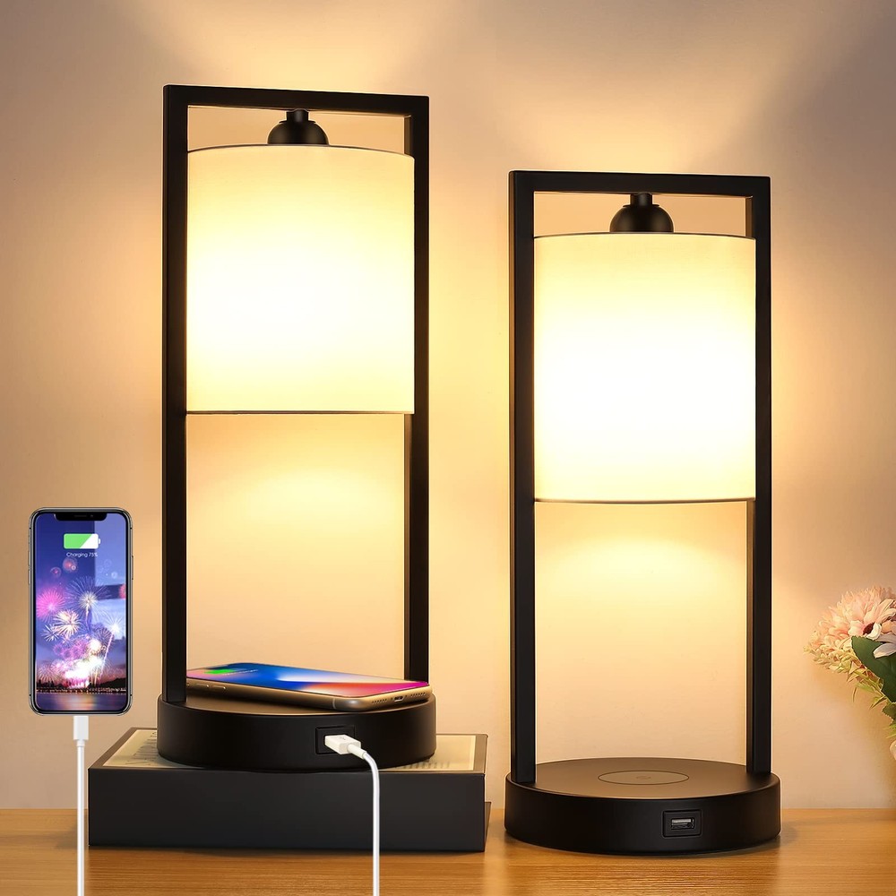 Wireless Charging Touch Control Table Lamps Set of 2, Bedside Nightstand Lamp...