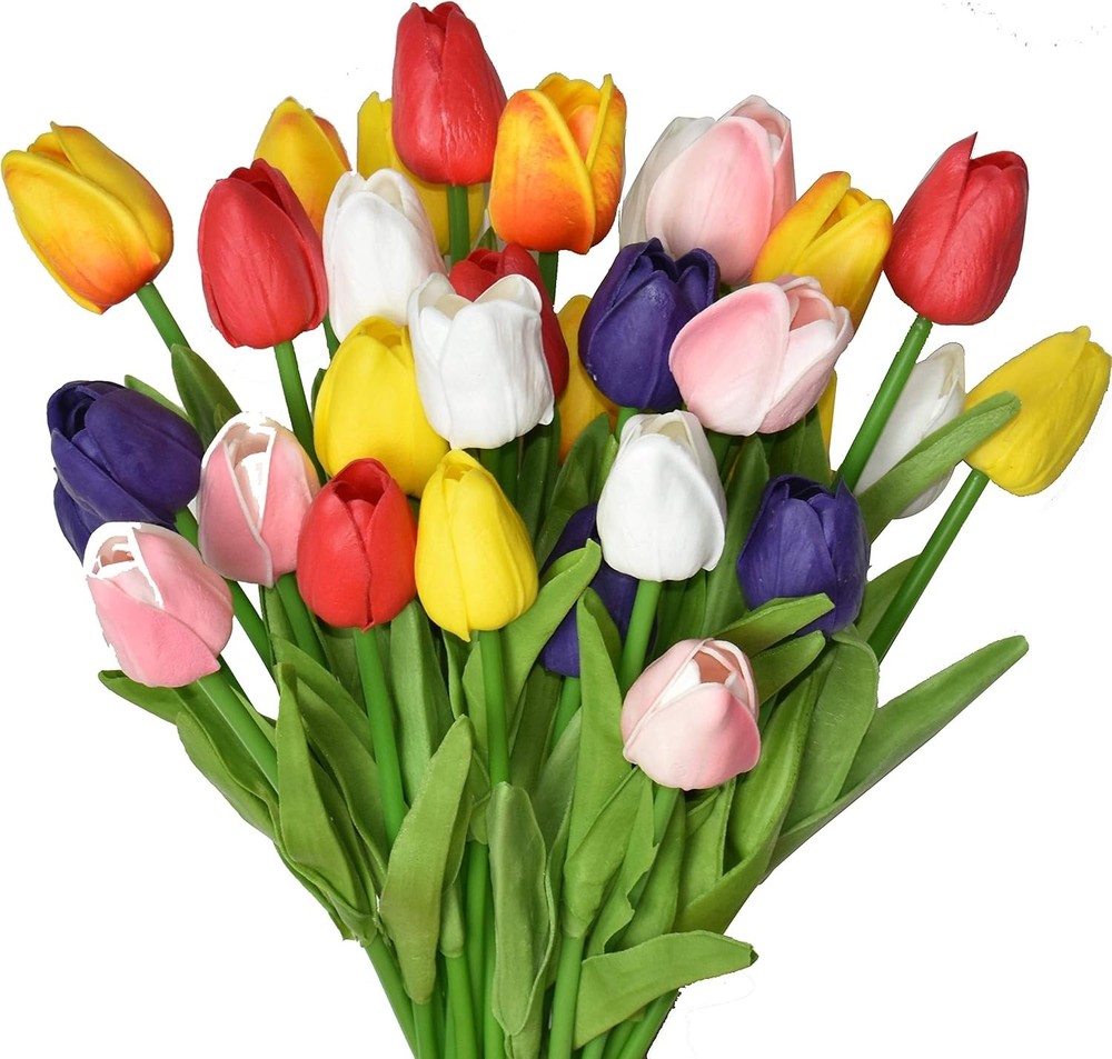24pcs Multicolor Artificial Tulips Flowers Fake Faux PU Tulip Bouquet Real Touch