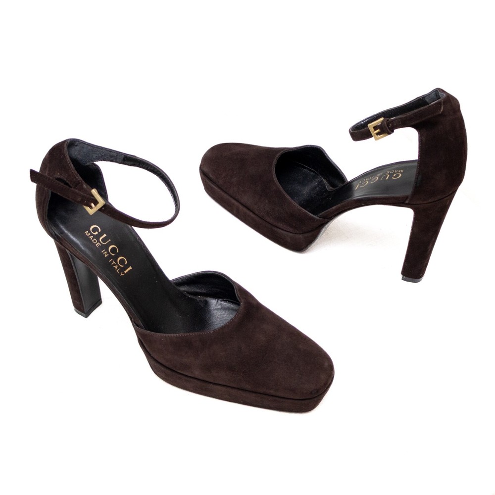 GUCCI Tom Ford Brown Suede Platform Pumps with Ankle Straps Size 5.5B