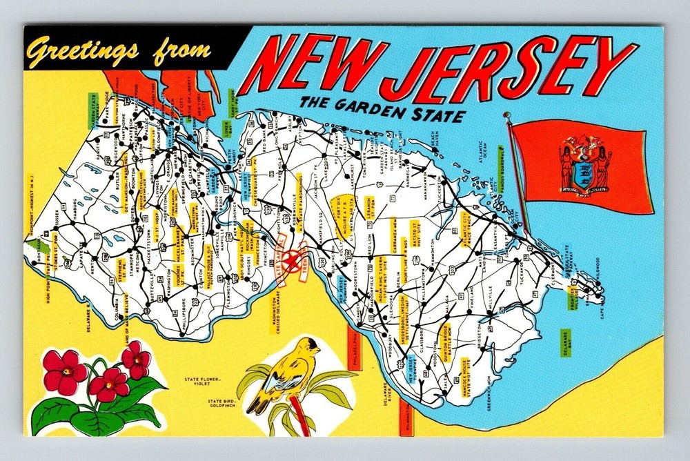 NJ-New Jersey, Scenic View Map, State Flag Landmarks Vintage Postcard