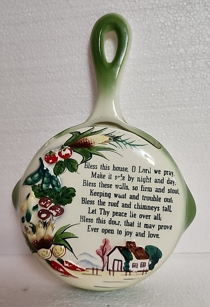 VTG Bless This House Prayer Frying Pan Wall Pocket Vase Kitchen Decor Holder