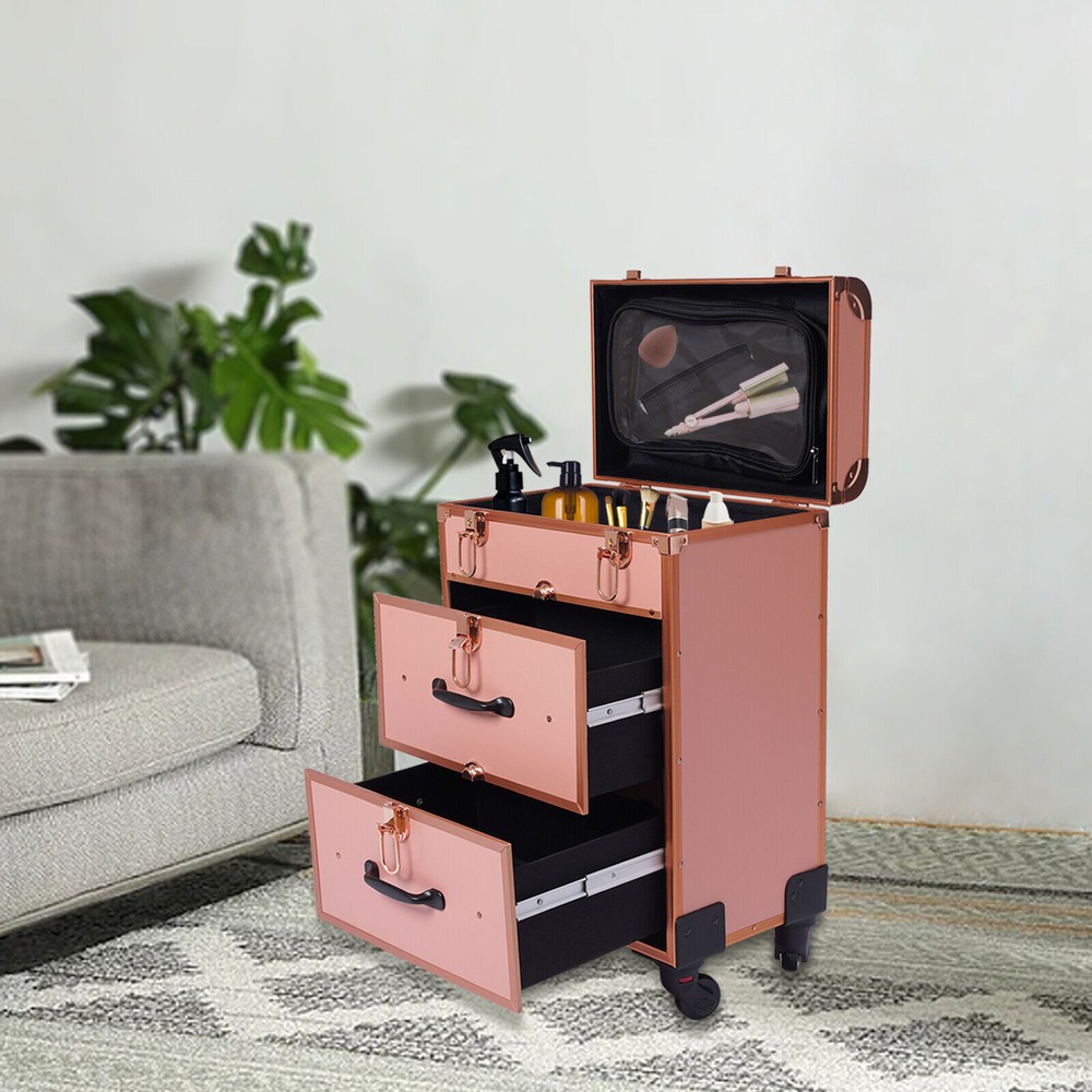 Aluminum Rolling Makeup Train Case Cosmetic Storage Organizer Trolley