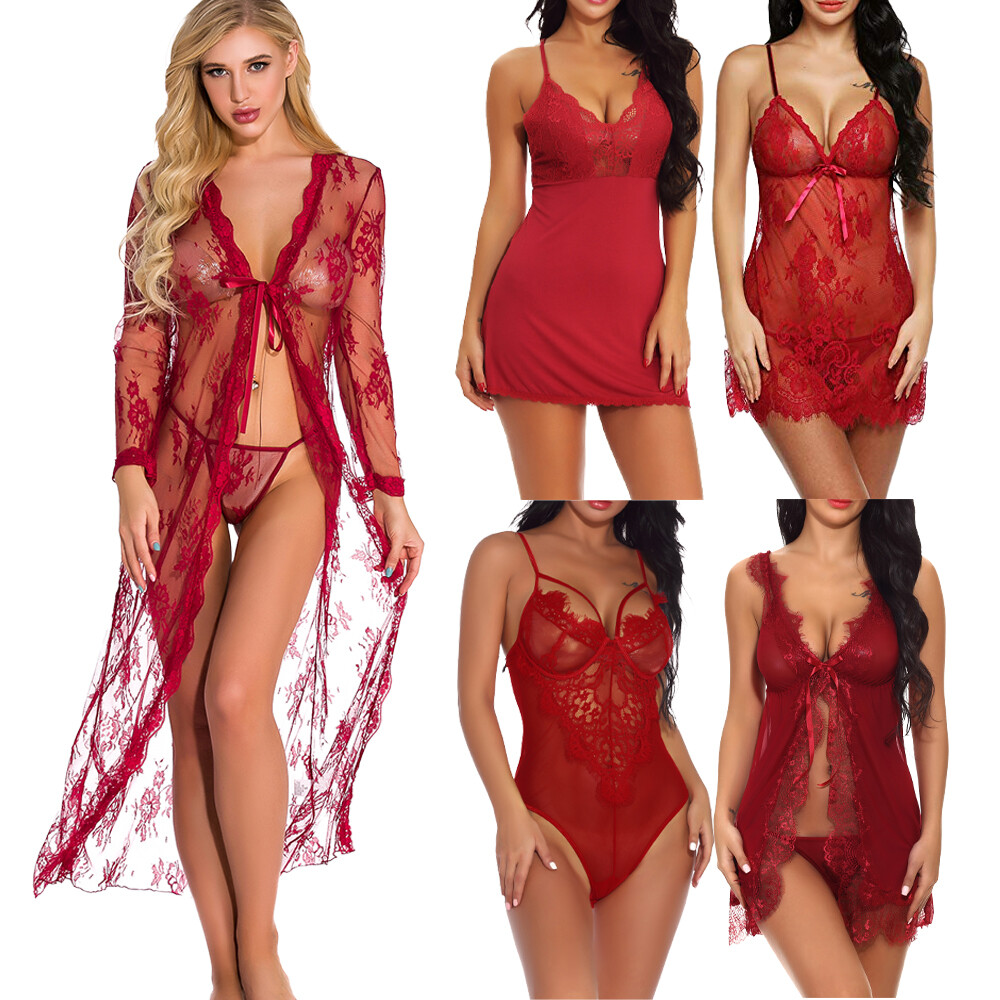 Sexy Red Lace Babydoll Nightdress Deep V Sleepwear Robe for Women