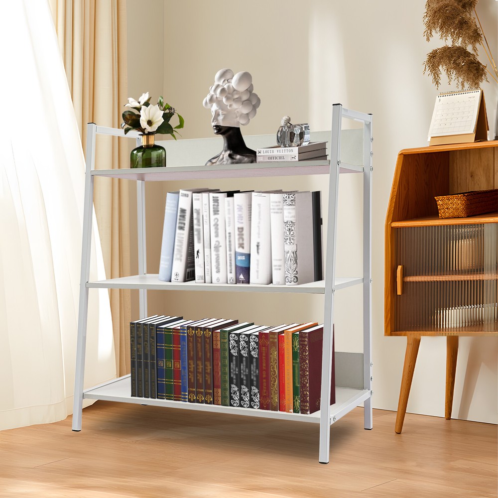 3-Tier White Industrial Bookshelf Ladder Storage Rack