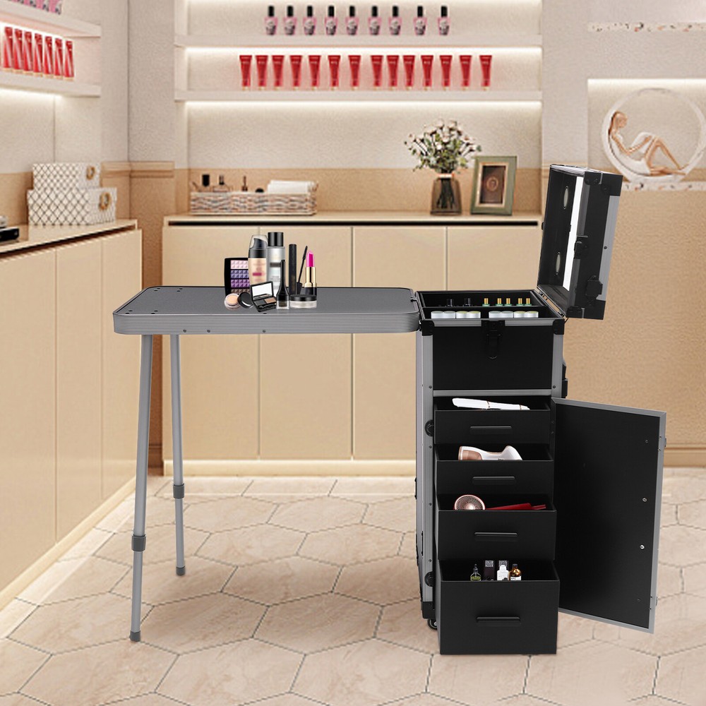 Rolling Makeup Train Case Cosmetic Box Trolley Organizer with LED LIght & Mirror