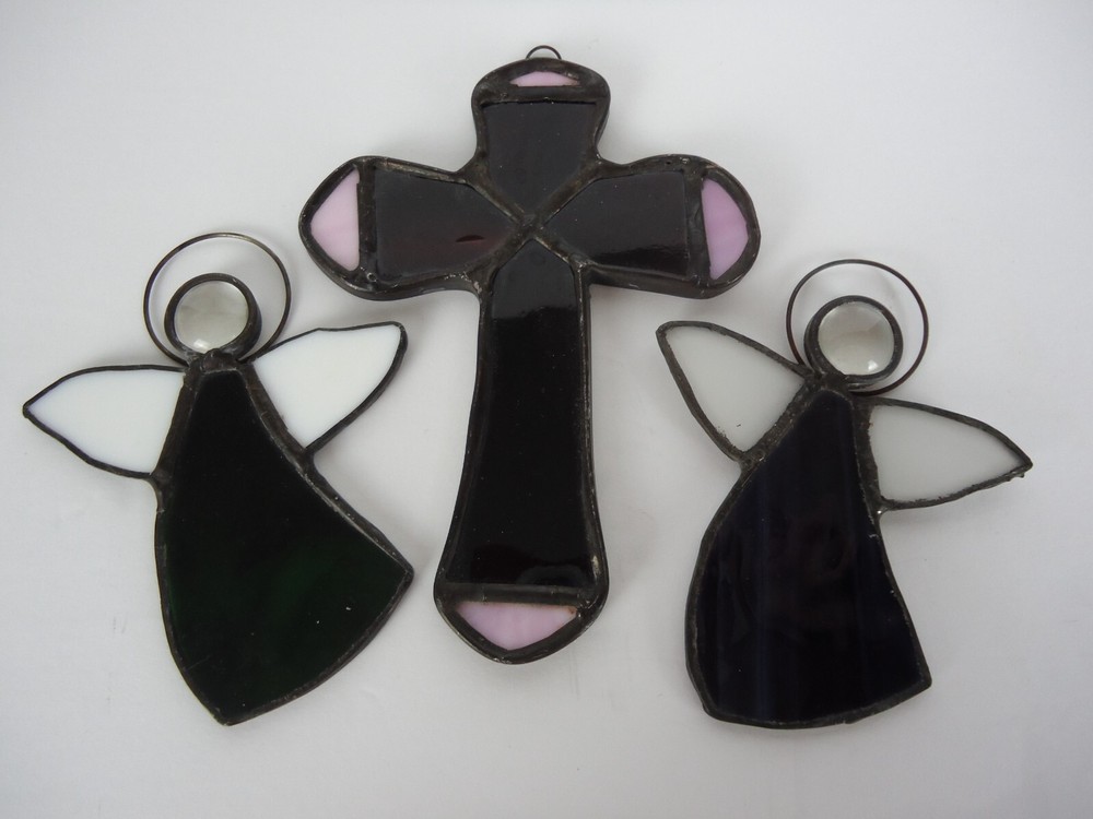 Set of 3 Stained Glass Angel/Cross Ornaments Window Hangers Pink Purple Green