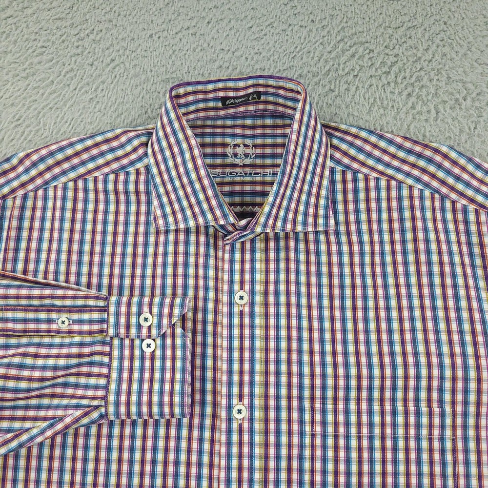 Bugatchi Uomo Dress Shirt Mens 16.5 Multicolor Check Cotton Slim Long Sleeve