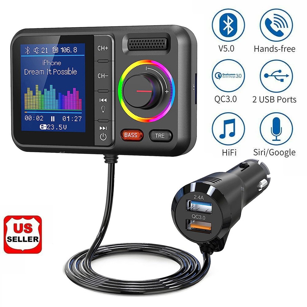 Wireless Bluetooth 5.0 FM Transmitter with LCD Display for Car Audio