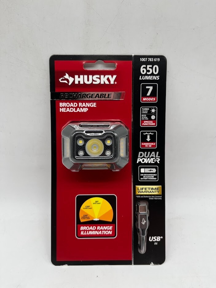 Husky 650 Lumens Broad Range LED Headlamp w/ USB Port & Rechargeable Battery