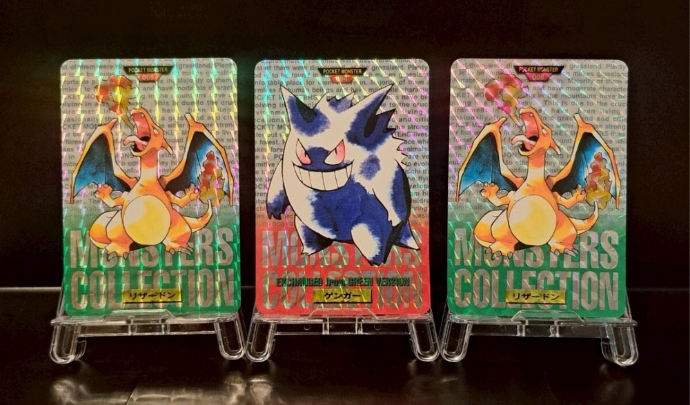 Vintage Charizard Gengar Carddass 3-Piece Set Bandai Kira Pokemon Green Red Retro Cards