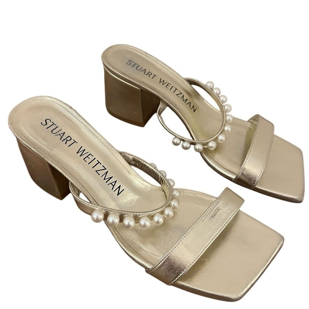 Stuart Weitzman Goldie 60 Block Slide  Gold Heel Sandals Pearl Detail $495 US 9