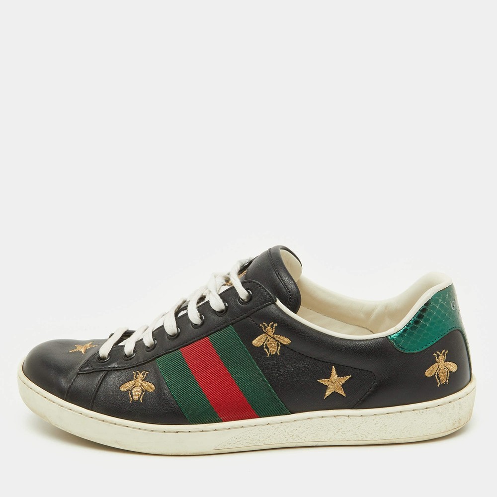 Gucci Black Leather Bee and Star Embroidered Ace Low Top Sneakers Size 41