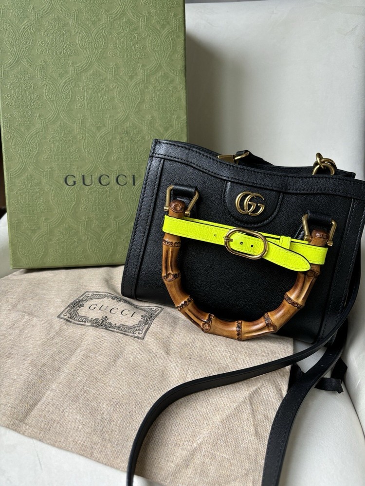 Gucci Mini Diana Tote Bag in Black and Yellow Fluo Calfskin