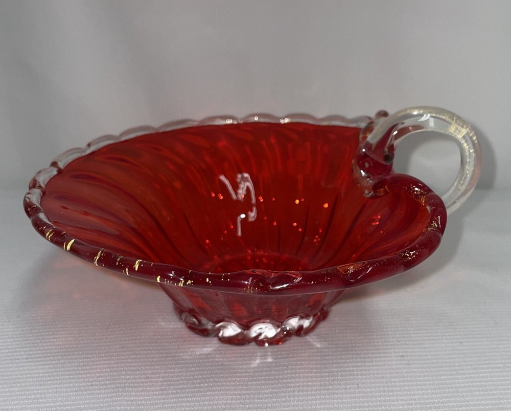 Red Scalloped Edge Glass Candy Bowl with Handle 3.5 Inches Tall
