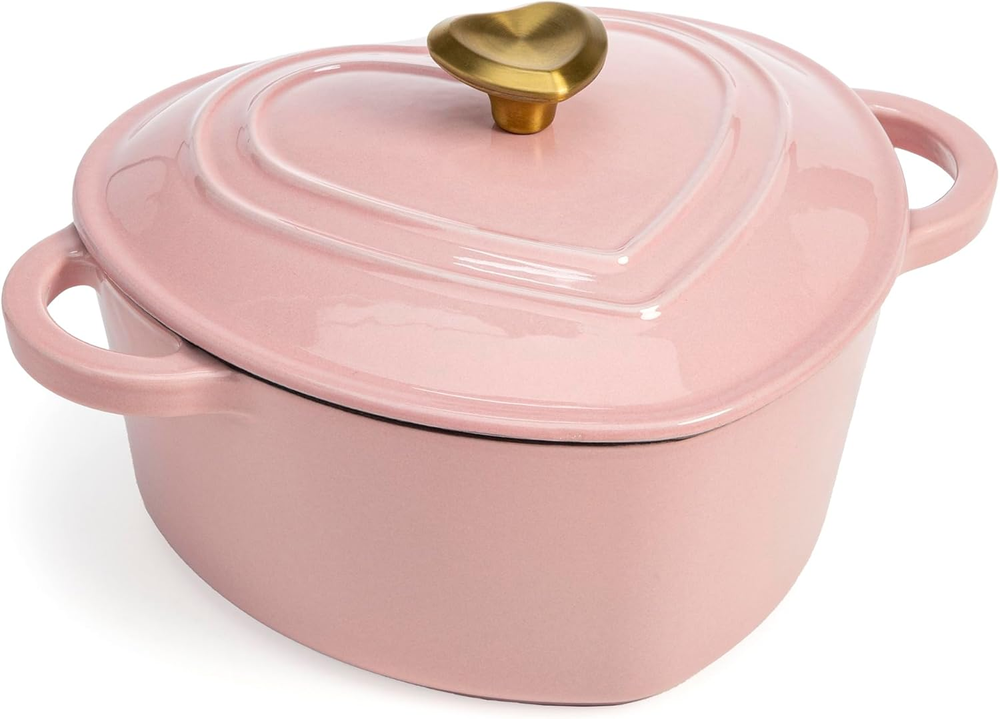 Paris Hilton Enameled Cast Iron Dutch Oven Heart-Shaped Pot with Lid, Dual Handl