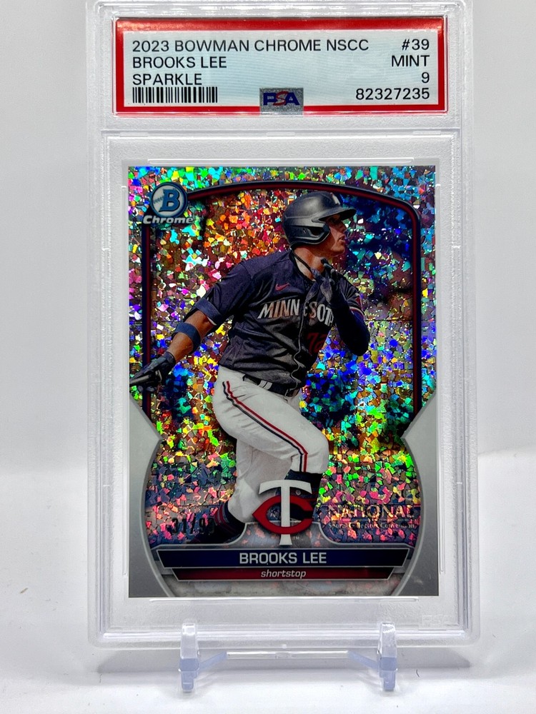 Tarjeta deportiva nacional Bowman Chrome Brooks Lee Sparkle #'ed/99 PSA 9 Twins 2023