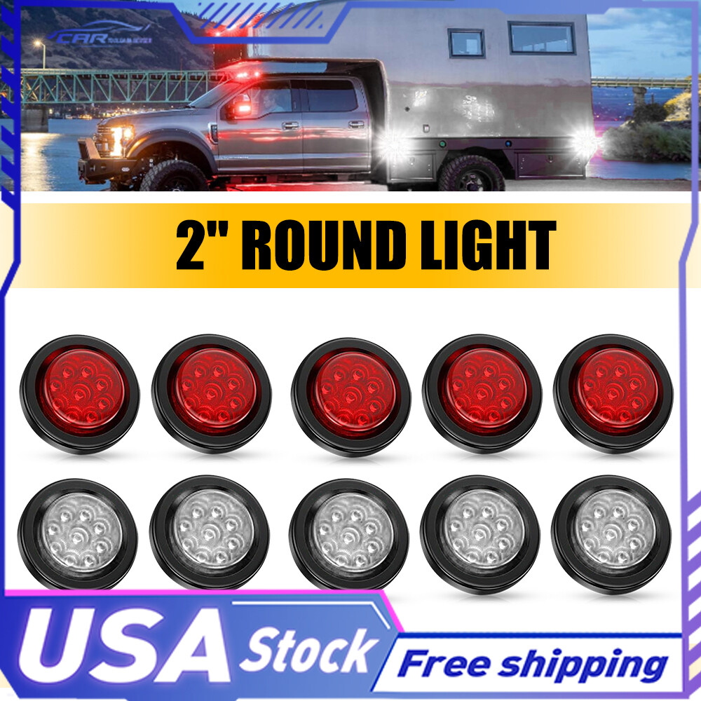 2 Inch DOT White/Red Round Trailer LED Marker Lights with Grommet for Trucks RVs
