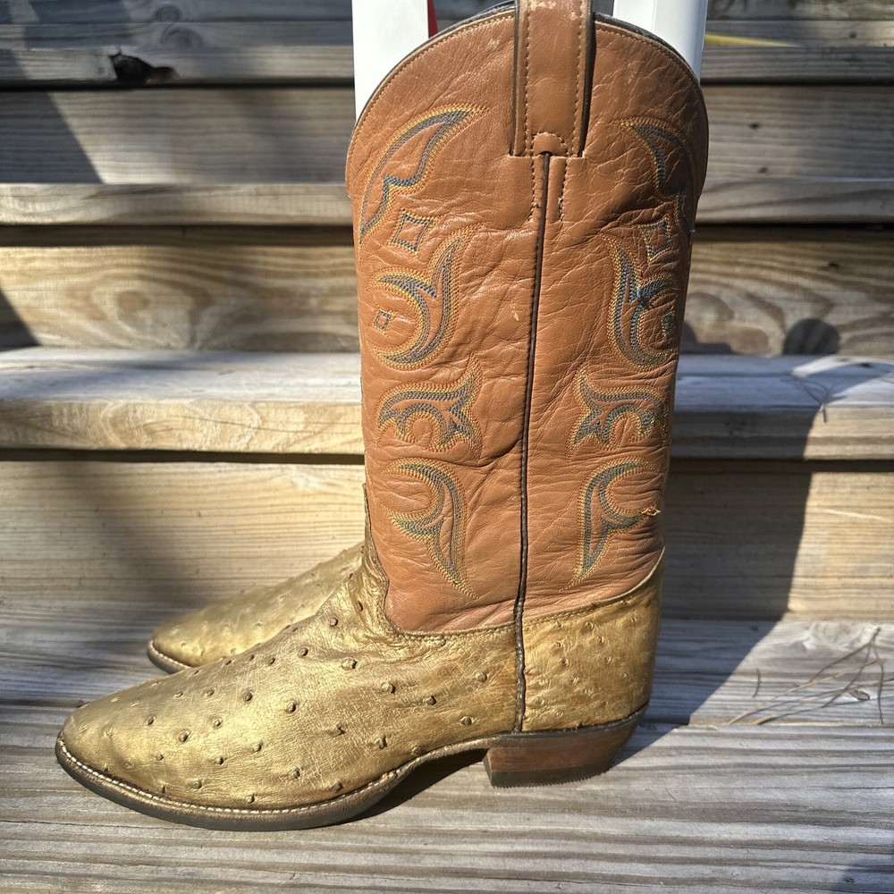 Justin Ostrich Leather Western Cowboy Boots Size 10.5 D Brown