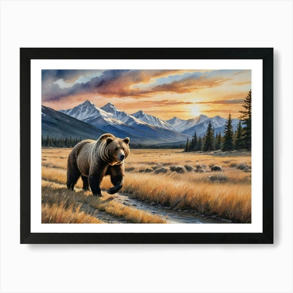 Grizzly Bear Echoes Across the Grass Framed Wall Art Canvas Print
