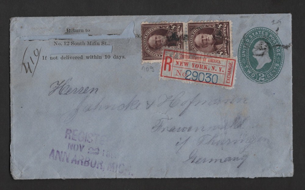US TO GERMANY 1896 REGISTERED COVER NEW YORK SC. #FX-BY1a II EXCHANGE LABEL