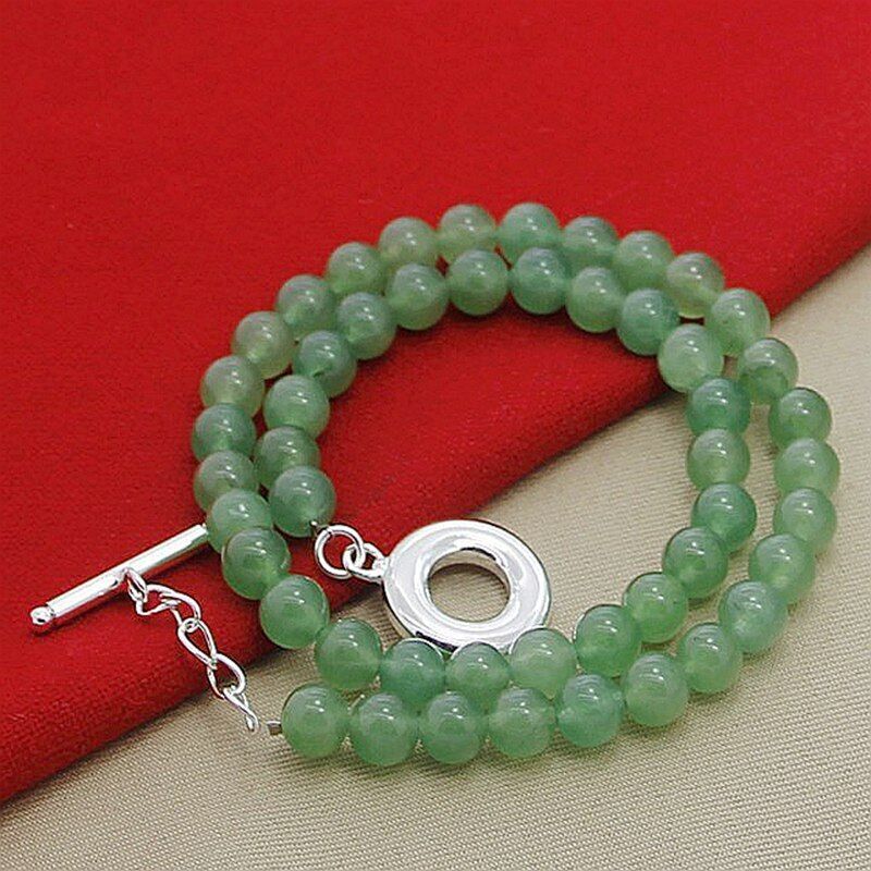 Noble Women's Green Agate Round Beads Chain with Sterling Silver Movable Buckle