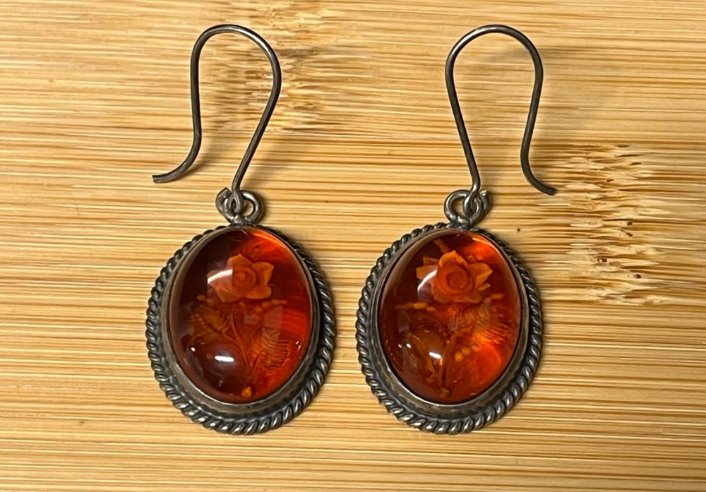 925 Silver Carved Rose Oval Baltic Amber Drop Earrings  