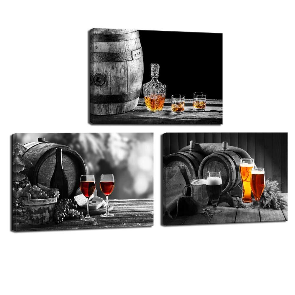 - 3 Piece Kitchen Wall Art Whisky Beer Wine Pictures Canvas Prints for Dining...