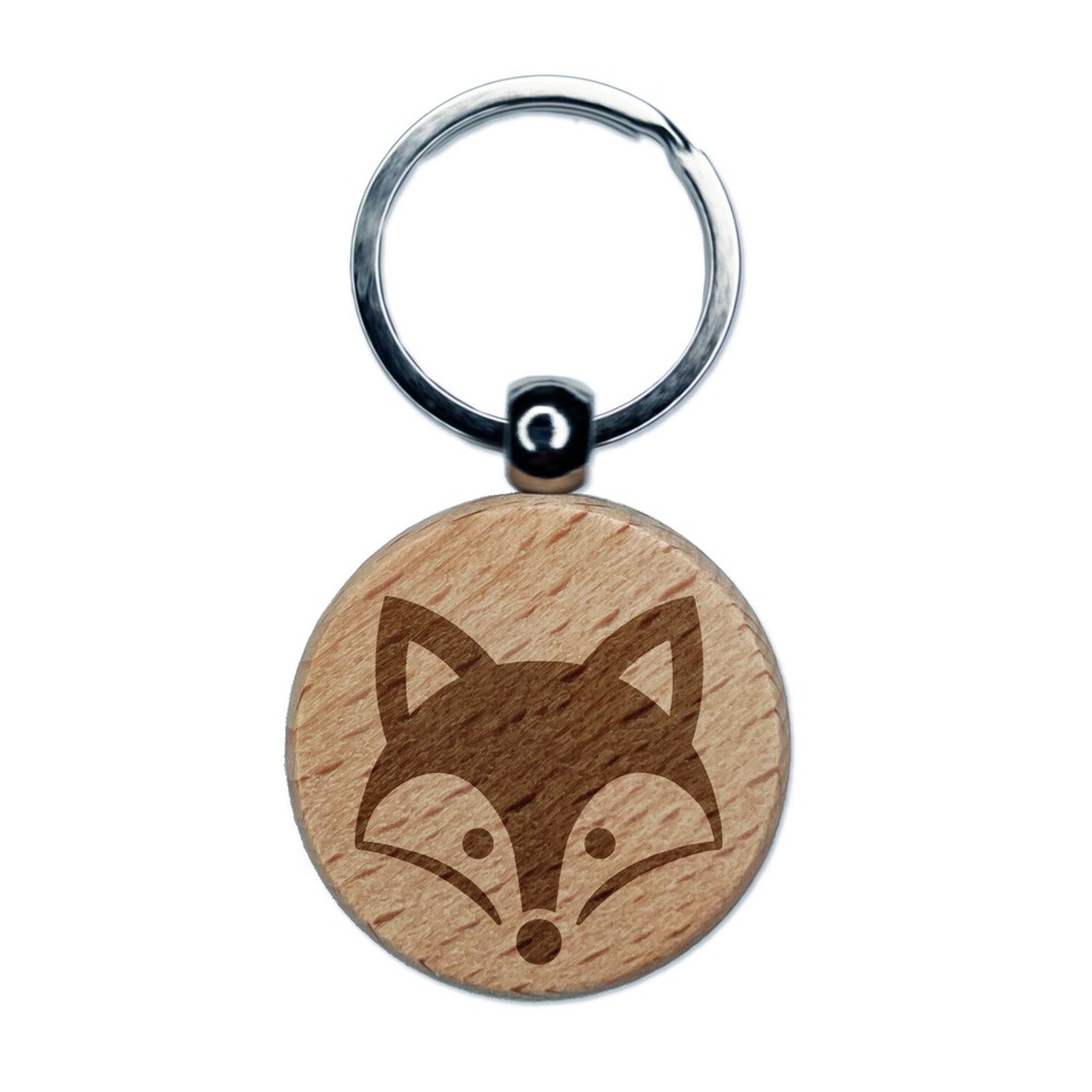 Sweet Fox Head Face Engraved Wood Round Keychain Tag Charm