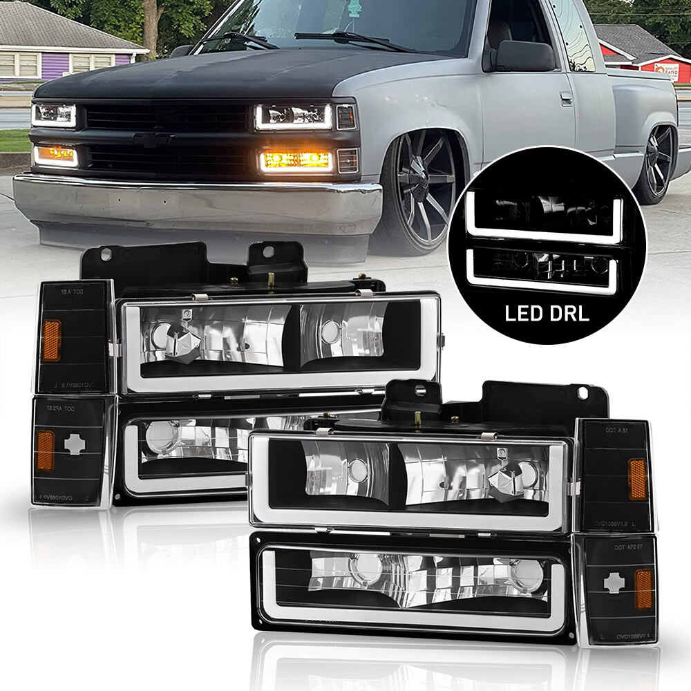 For 94-98 GMC C/K C10 Sierra Yukon Black LED Tube Headlights+Bumper Corner Lamp