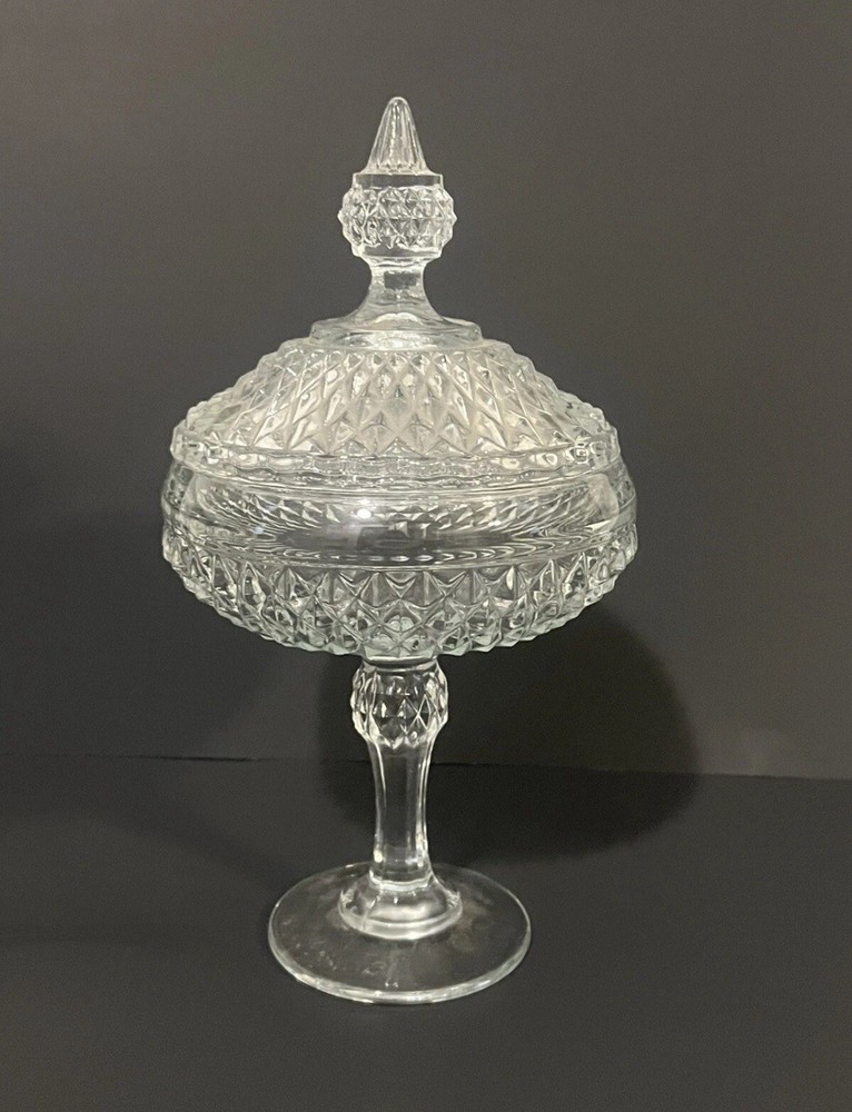 Vintage Indiana Glass Diamond Point Pedestal Candy Dish Compote W/Lid Clear 12