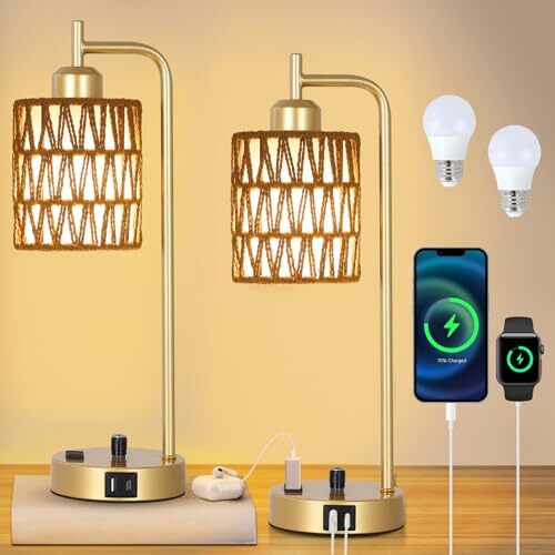 Lamp for Bedroom, Boho Rattan Table Lamps Set of 2 with LED Bulbs, 2 Pack Gold